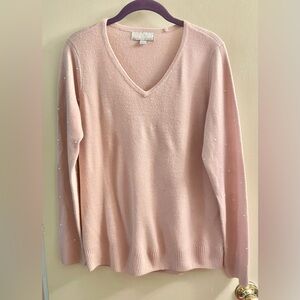 Blush Pink V-Neck Sweater with faux-pearl details on sleeves.    SIZE MEDIUM